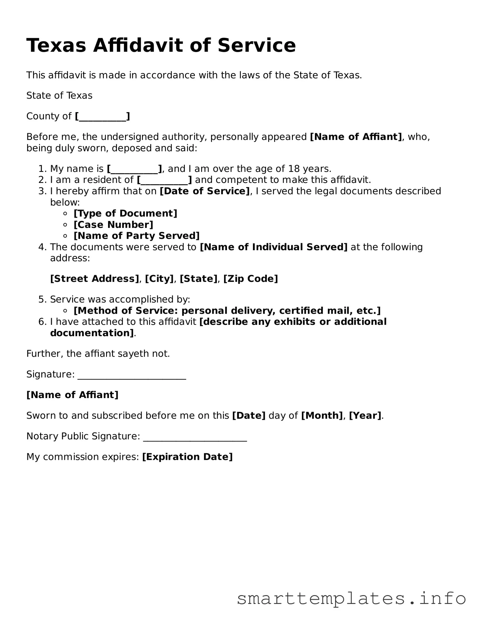 Legal Affidavit of Service Template for Texas State
