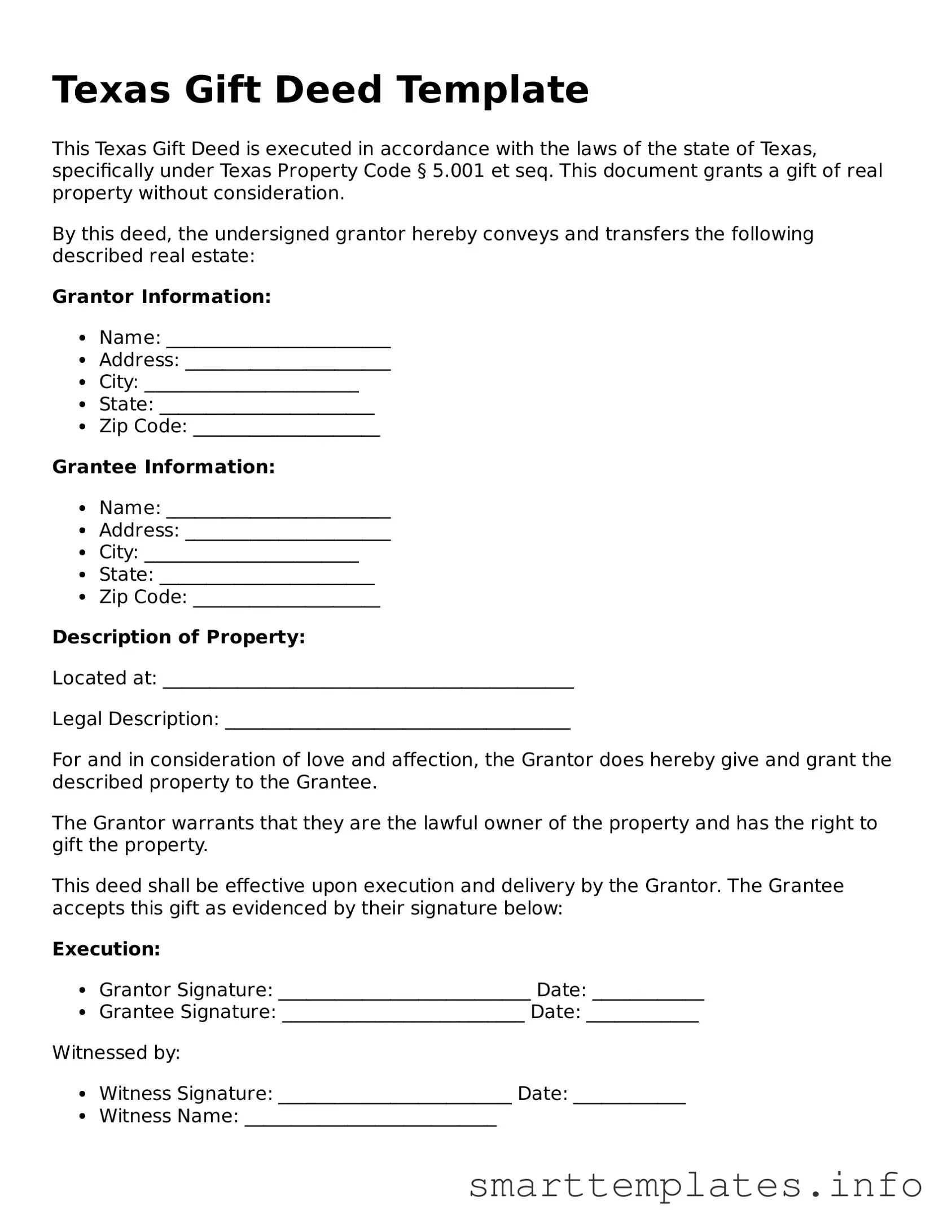 Legal Gift Deed Template for Texas State