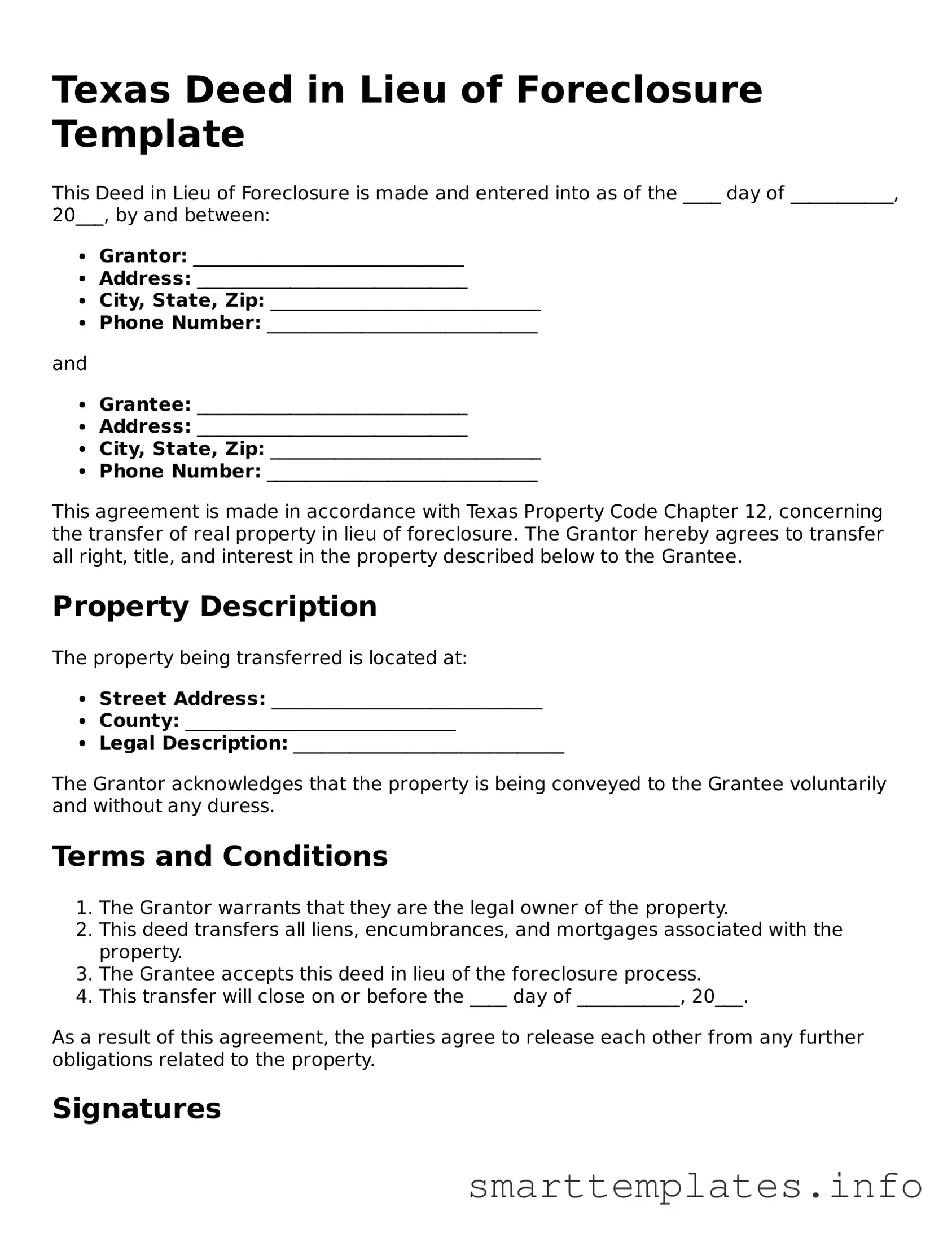 Legal Deed in Lieu of Foreclosure Template for Texas State