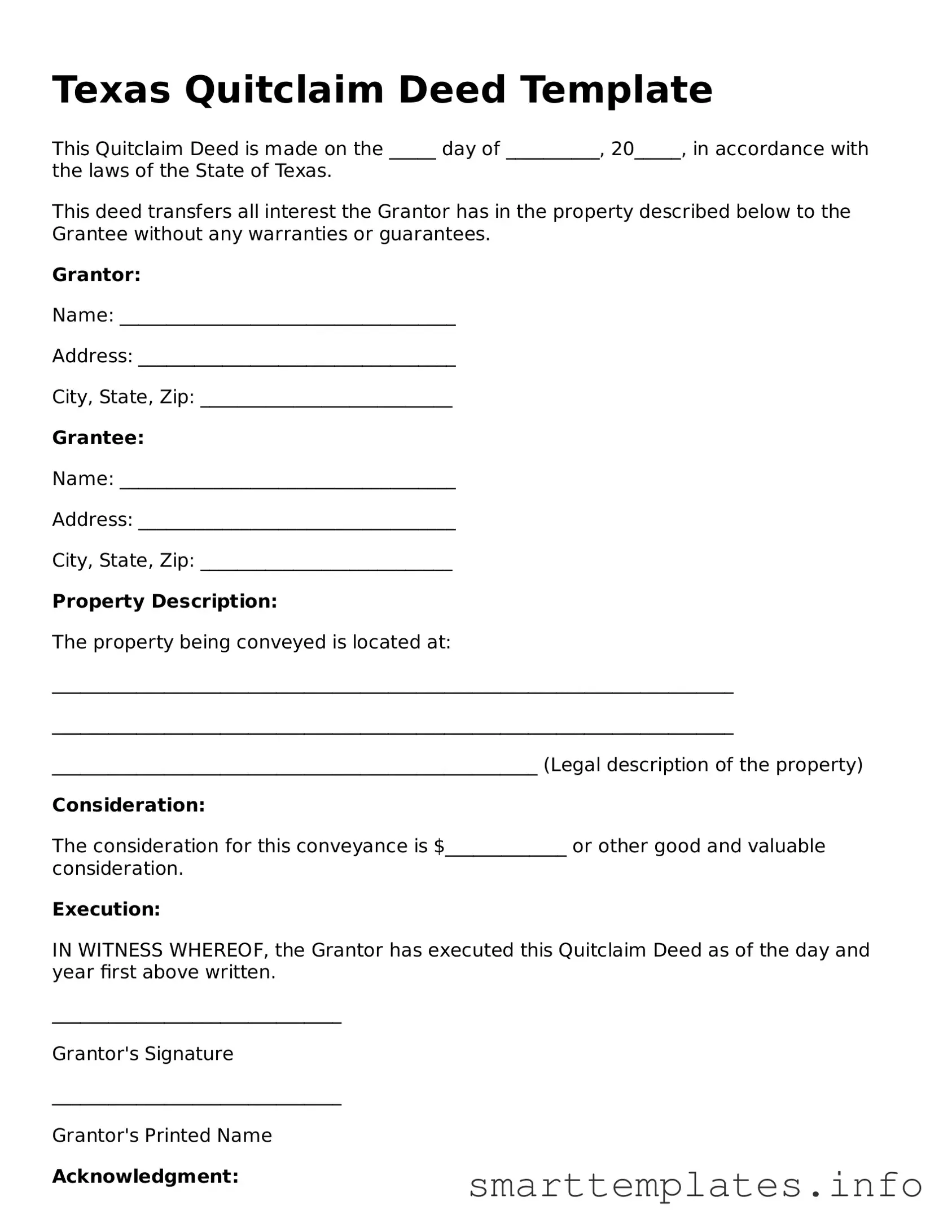 Legal Quitclaim Deed Template for Texas State