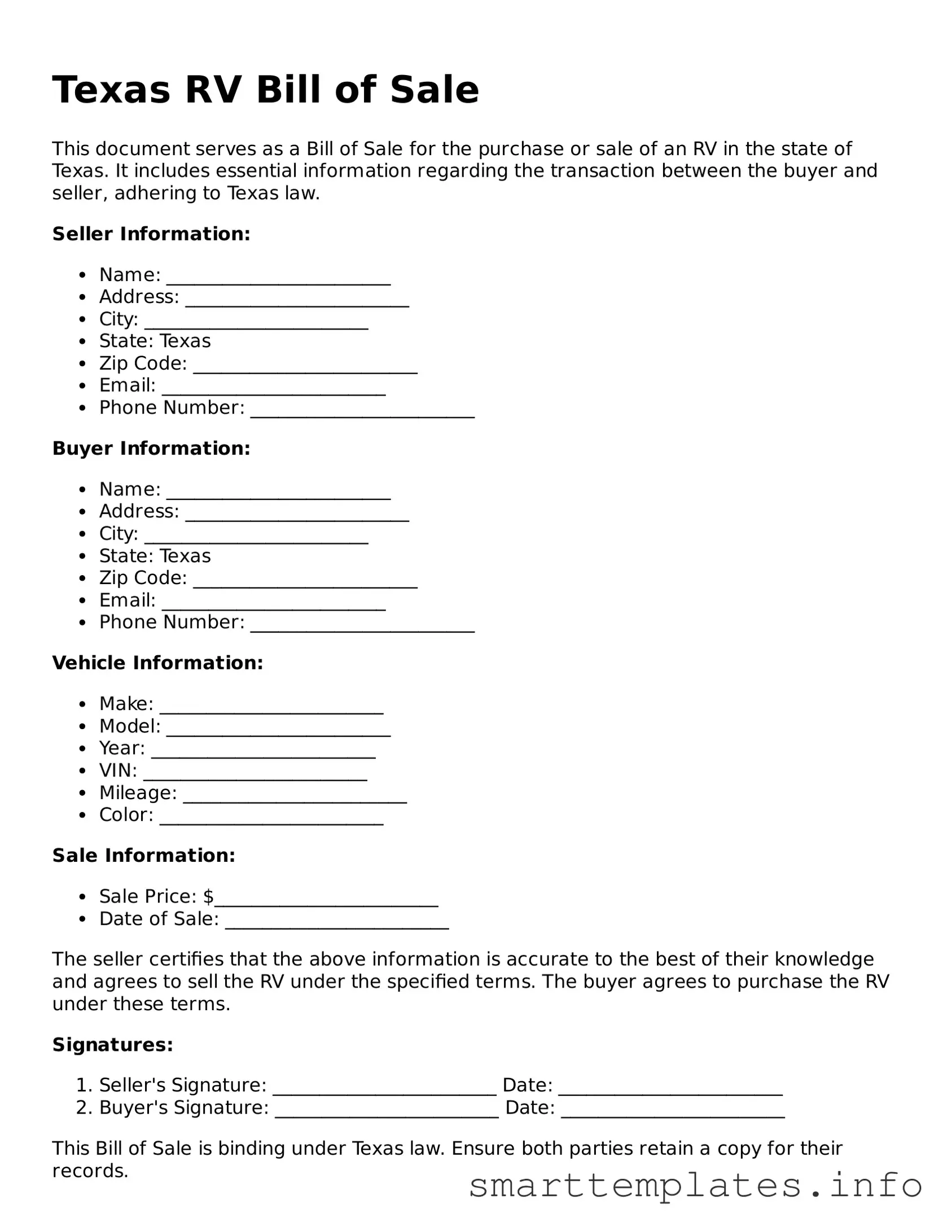 Legal RV Bill of Sale Template for Texas State
