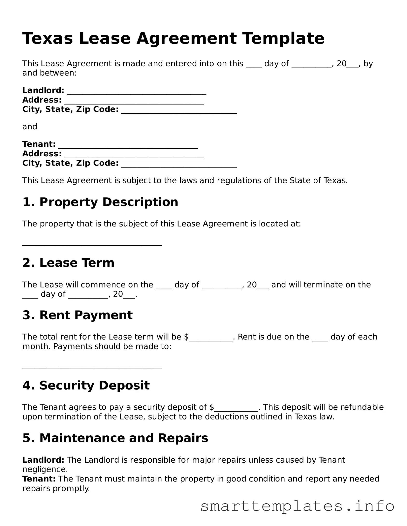 Legal Lease Agreement Template for Texas State