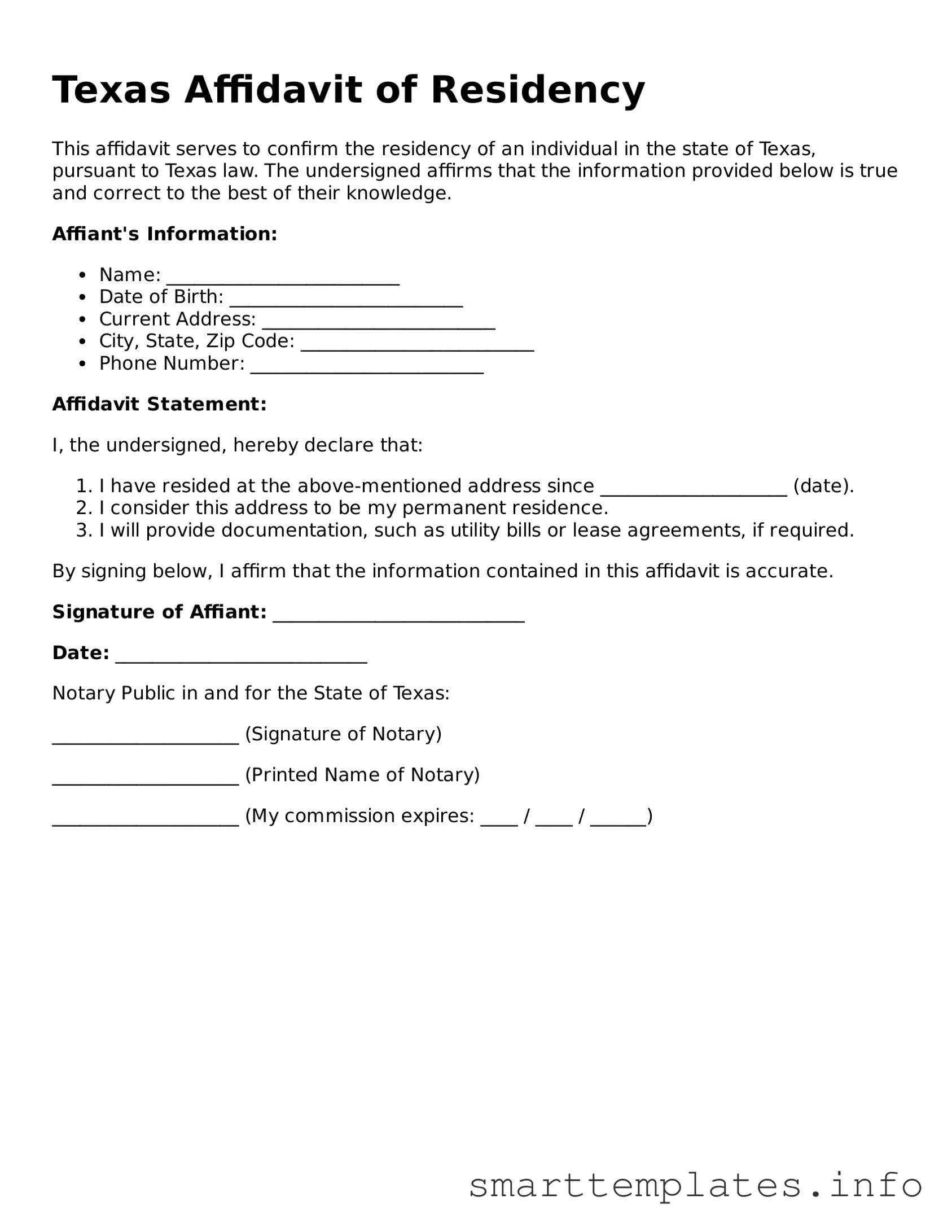Legal Affidavit of Residency Template for Texas State