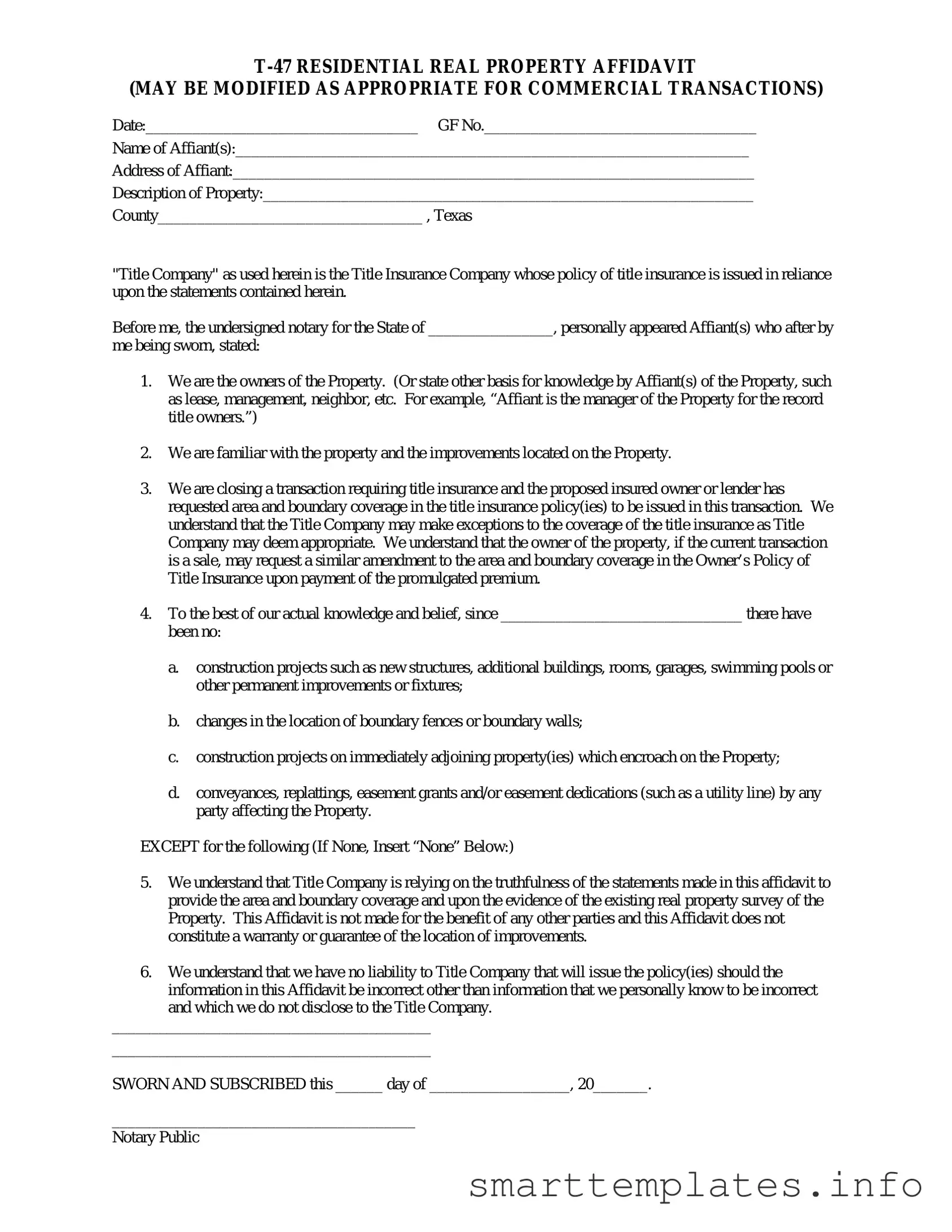 Fill in a Valid Texas residential property affidavit T-47 Form