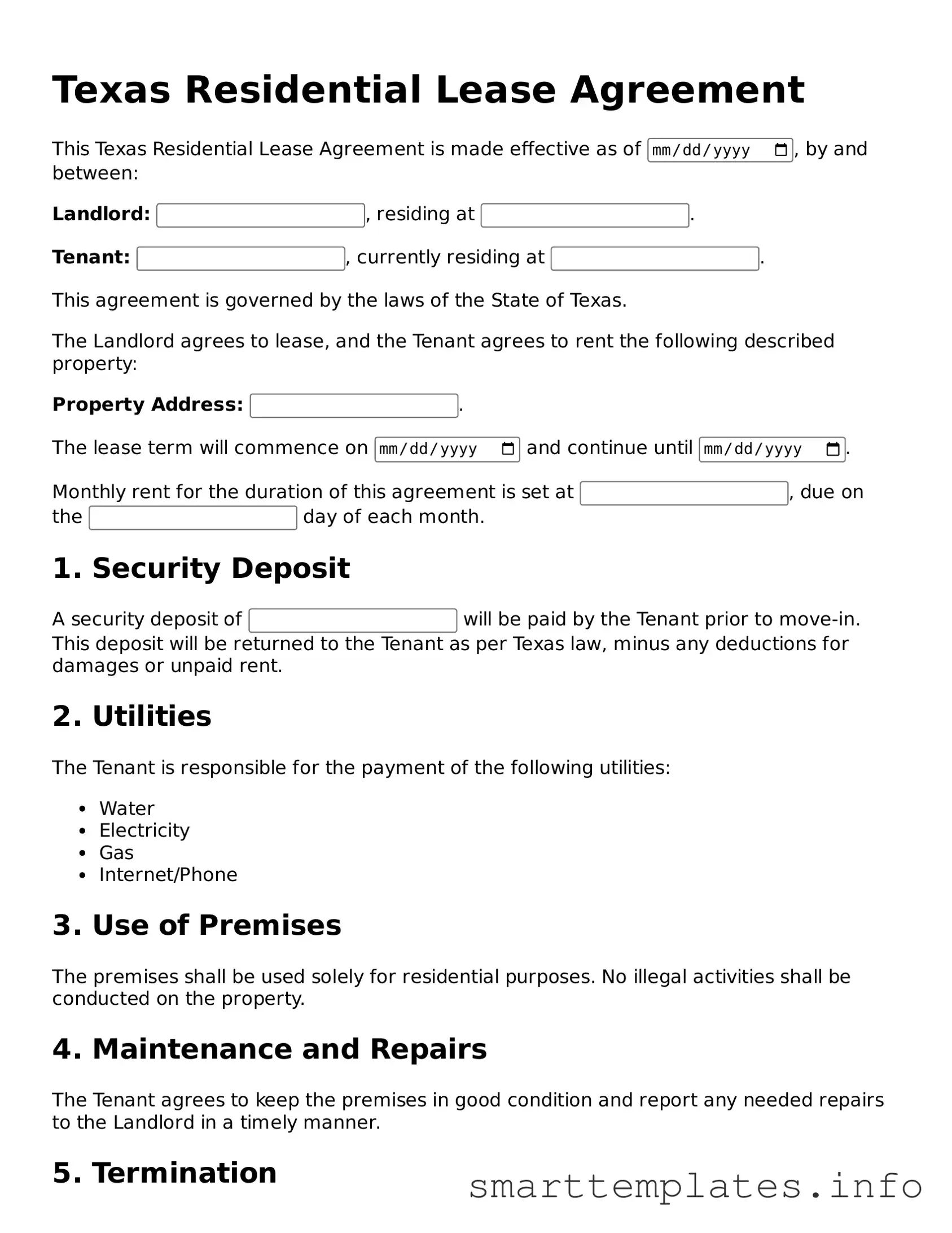 Legal Residential Lease Agreement Template for Texas State