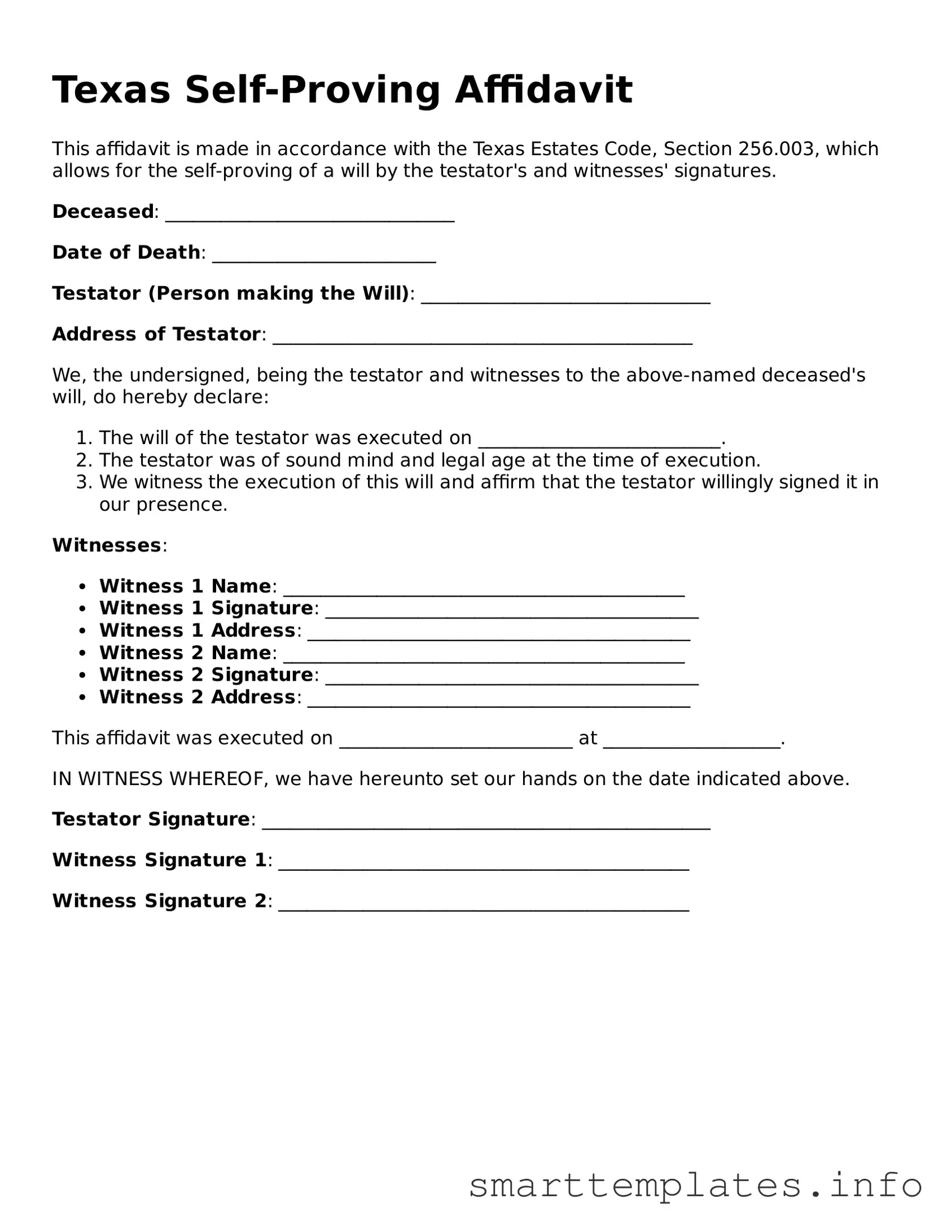 Legal Self-Proving Affidavit Template for Texas State