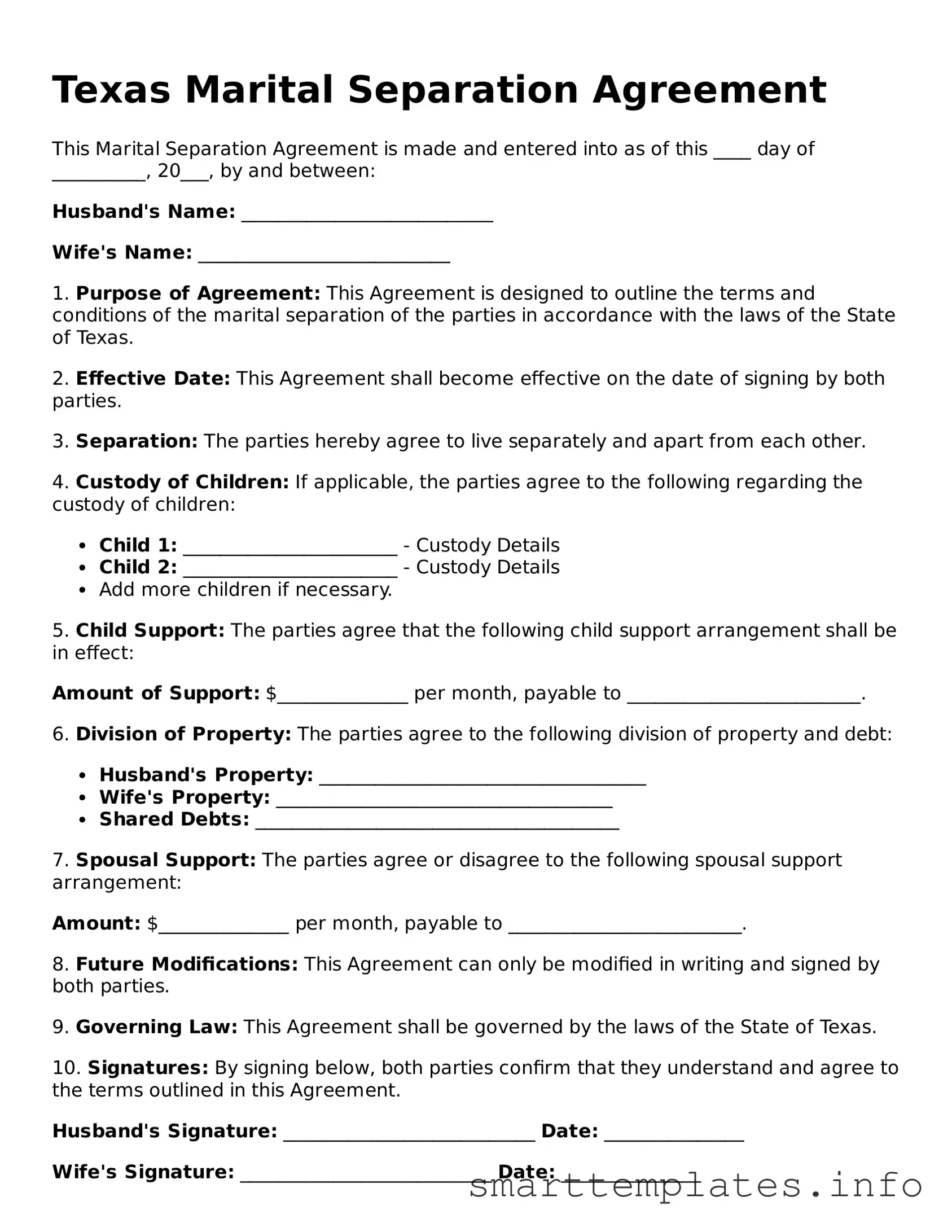 Legal Marital Separation Agreement Template for Texas State