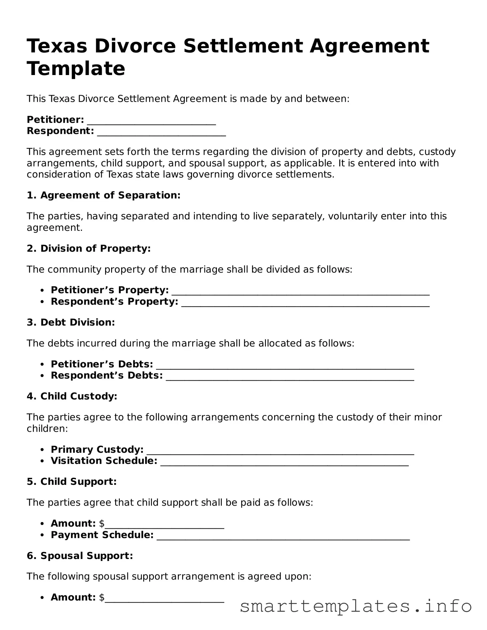 Legal Divorce Settlement Agreement Template for Texas State