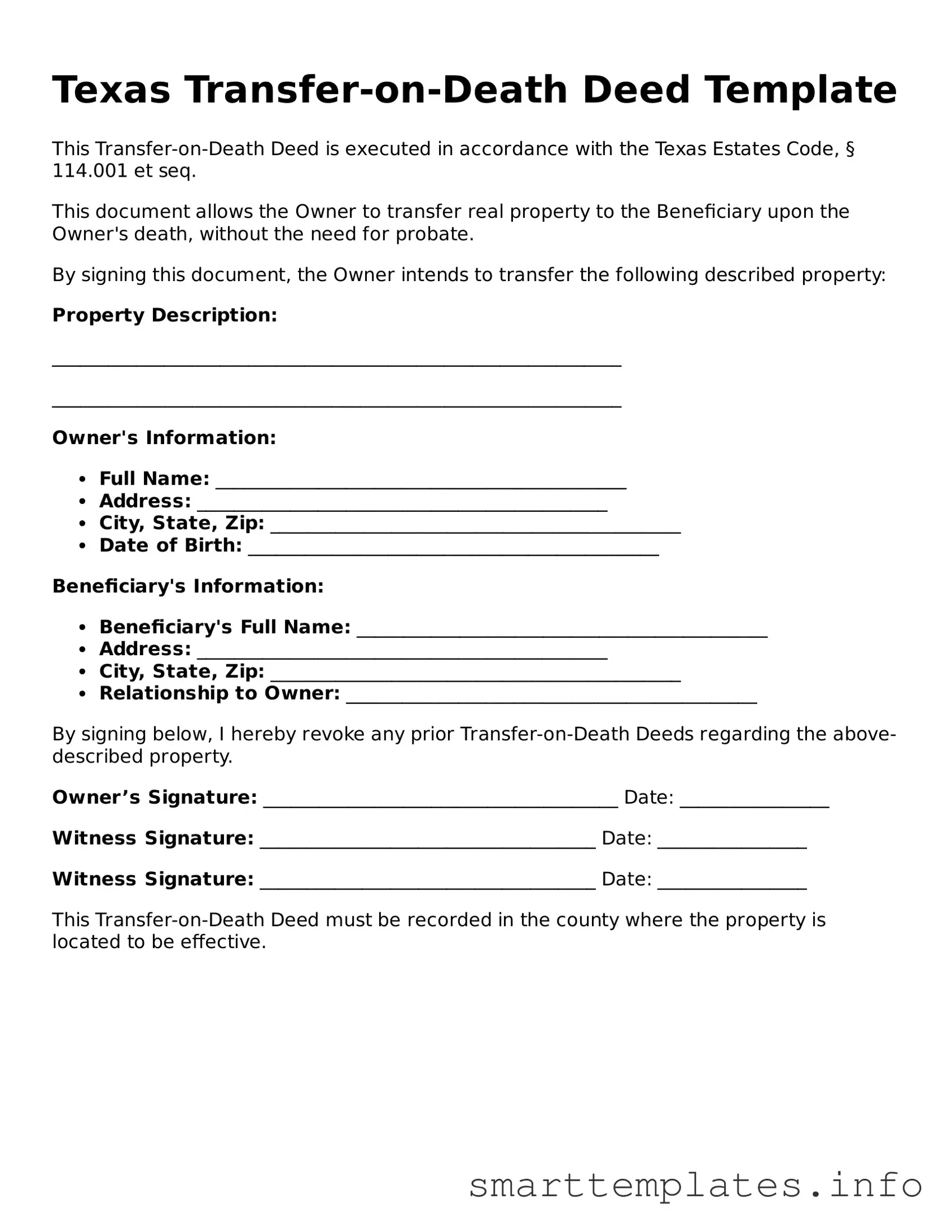 Legal Transfer-on-Death Deed Template for Texas State