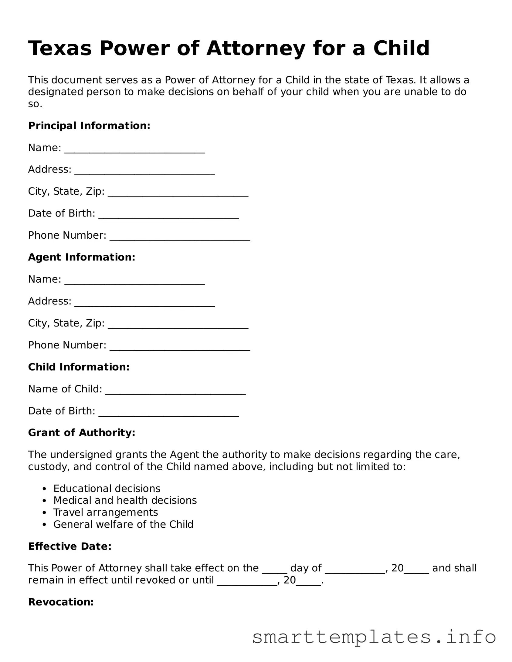 Legal Power of Attorney for a Child Template for Texas State