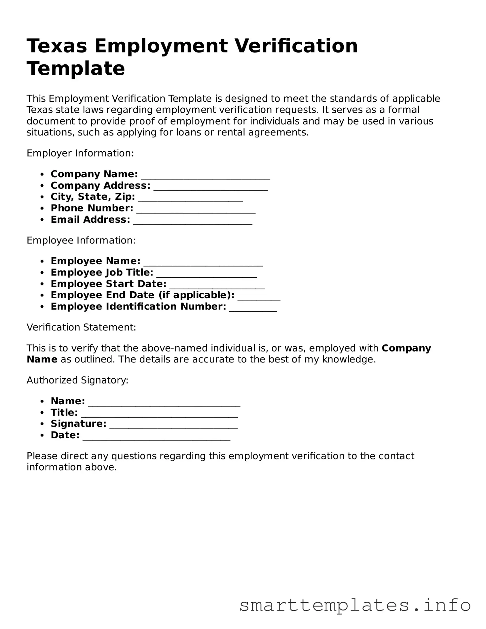 Legal Employment Verification Template for Texas State