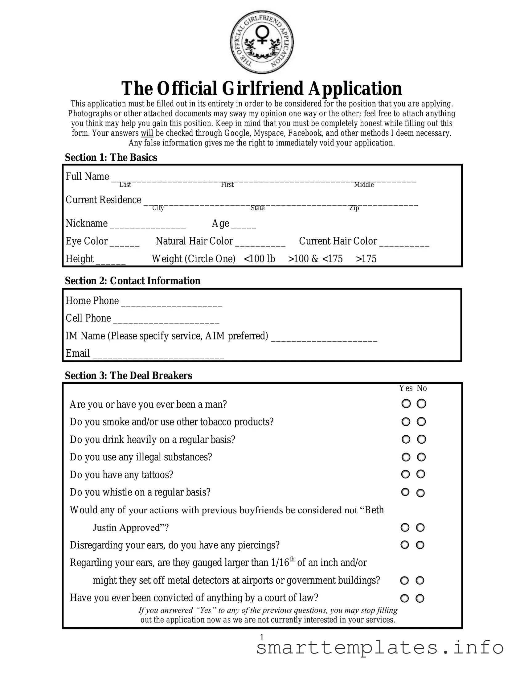 Fill in a Valid Girlfriend Application Form