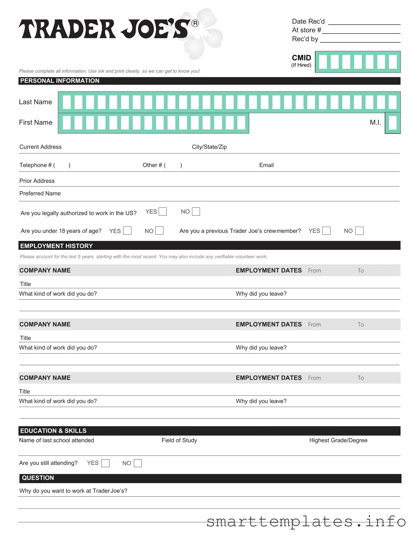 Fill in a Valid Trader Joe's application Form
