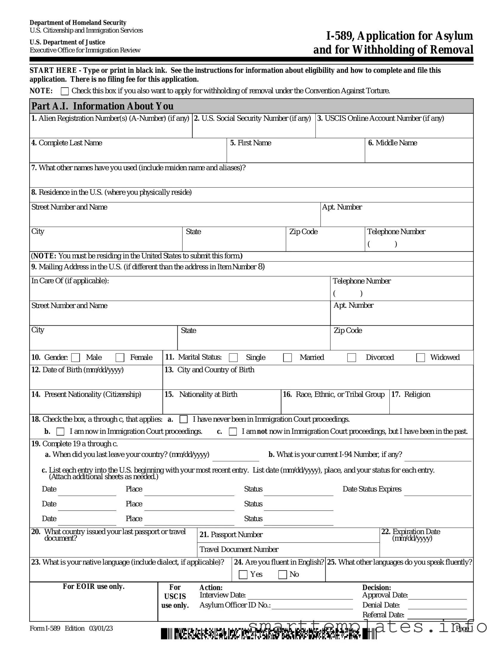 Fill in a Valid USCIS I-589 Form