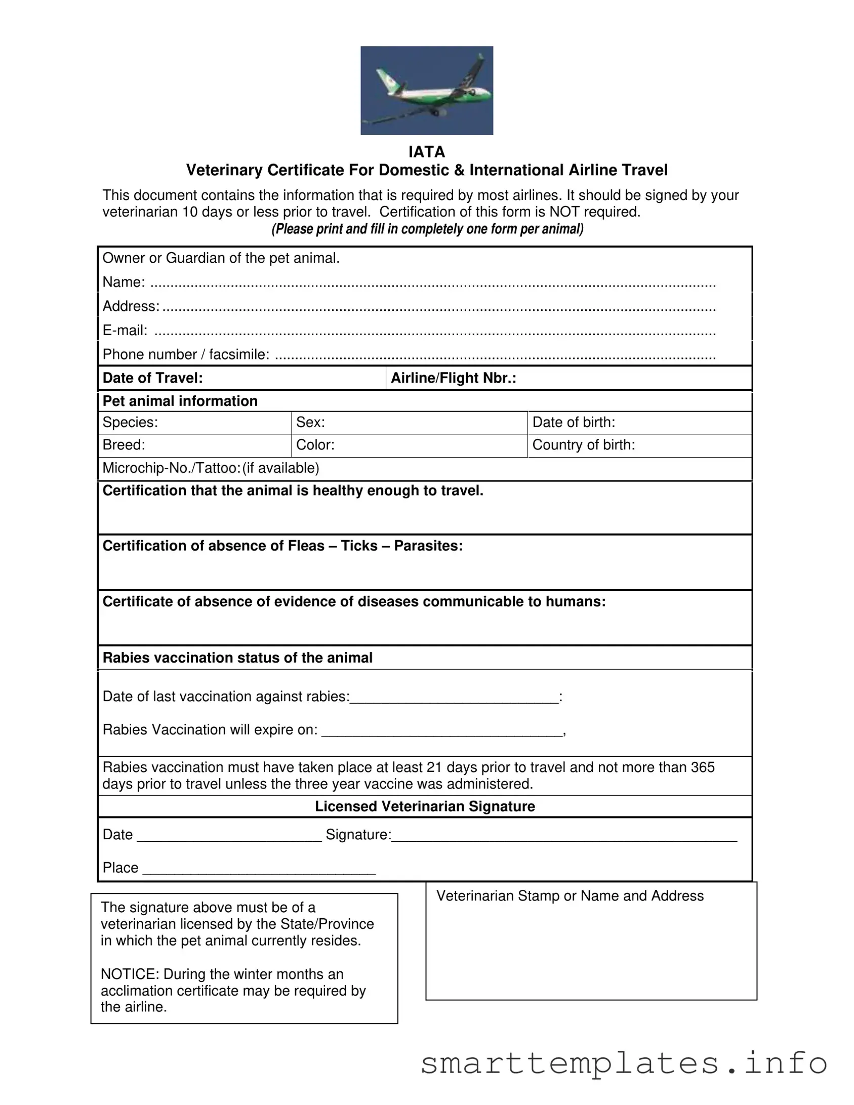 Fill in a Valid Veterinary Certificate Travel Form