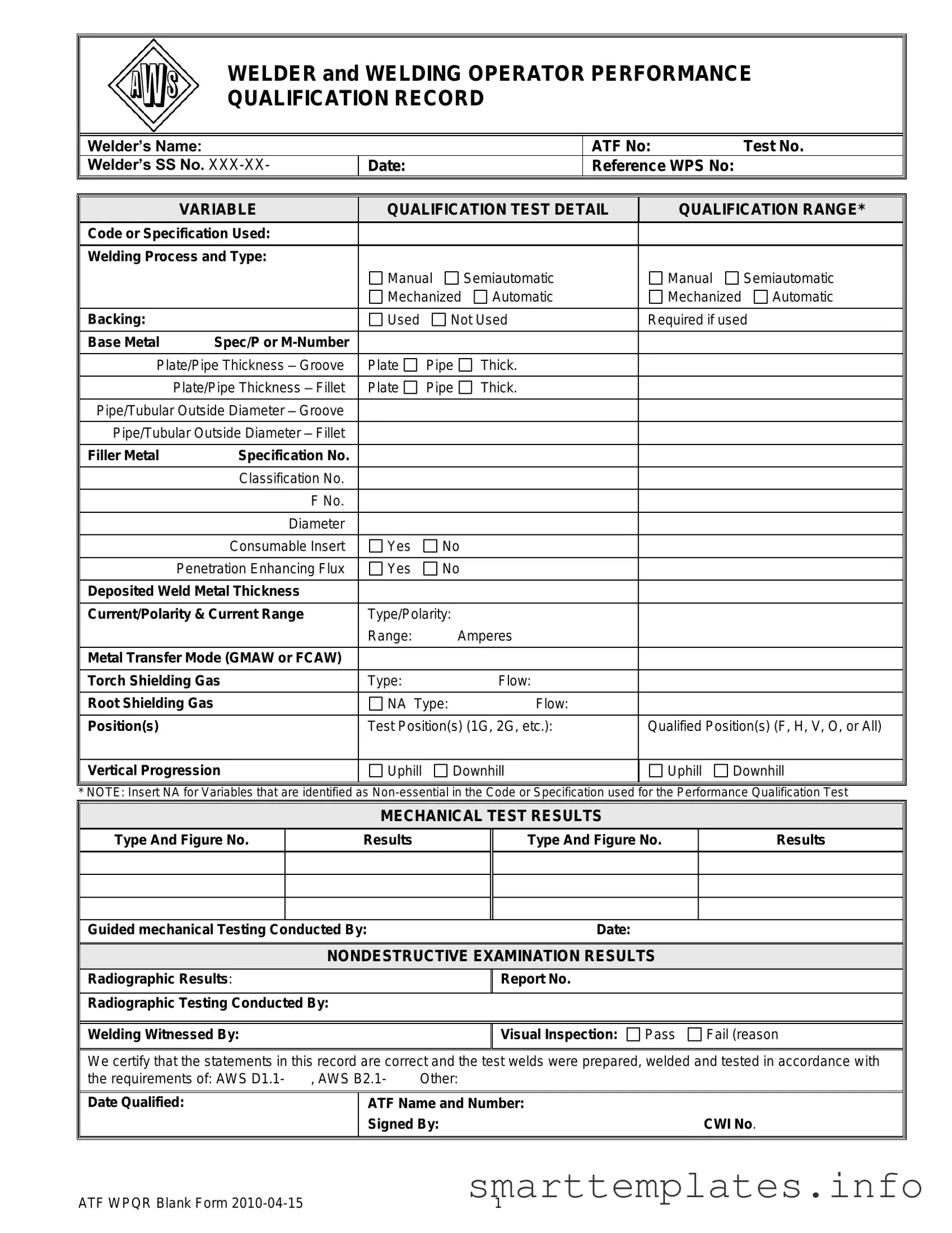 Fill in a Valid Welder Performance Qualification Record Form